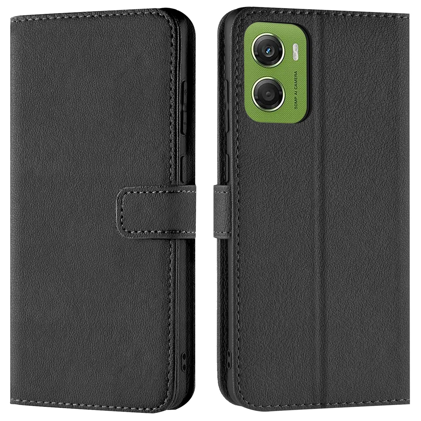Schwarze Leder-Klapphülle mit Kartenfächern für Motorola Moto G06/G06 Power, Vorder- und Rückansicht.