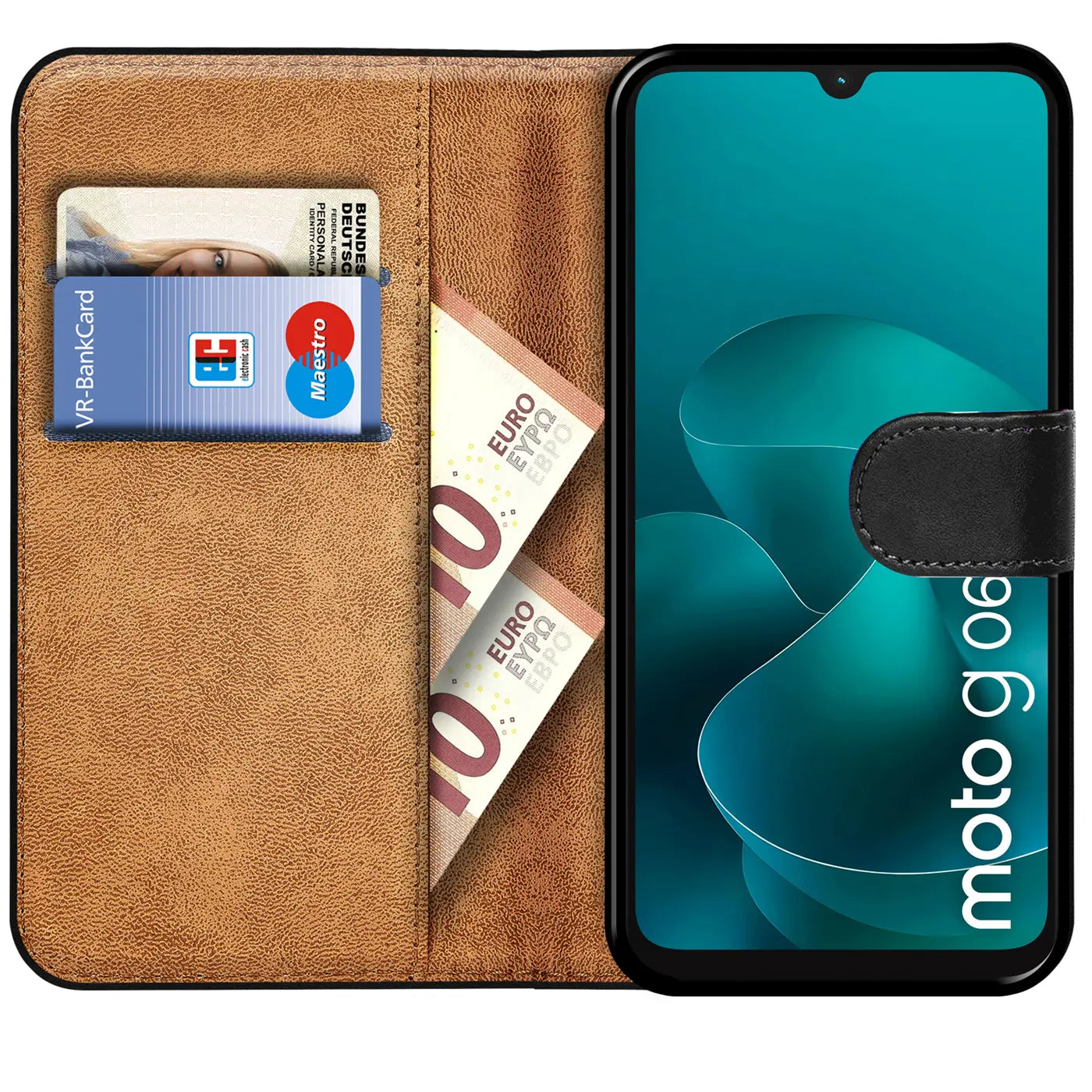 Braune Kunstleder-Klapphülle mit Kartenfächern, zeigt Motorola Moto G06.