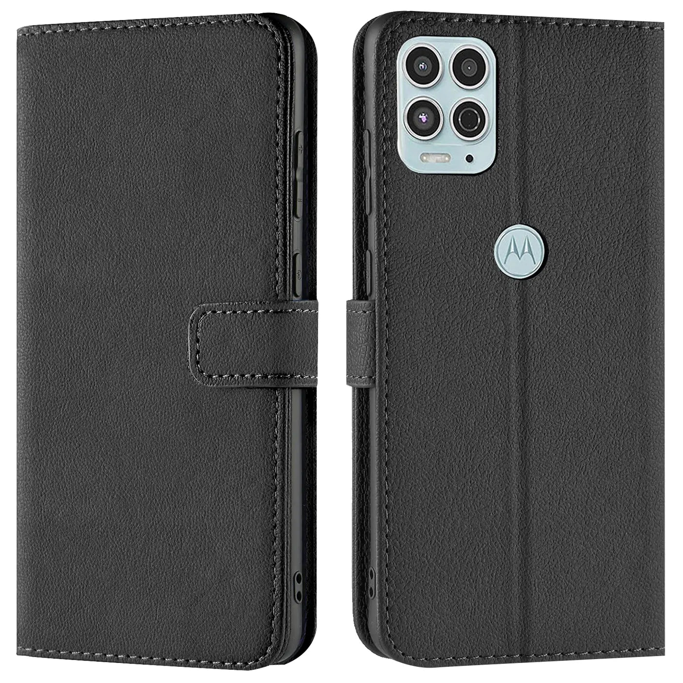 Schwarze Leder-Klapphülle mit Kartenfächern, Vorder- und Rückansicht, für Motorola Moto G100.