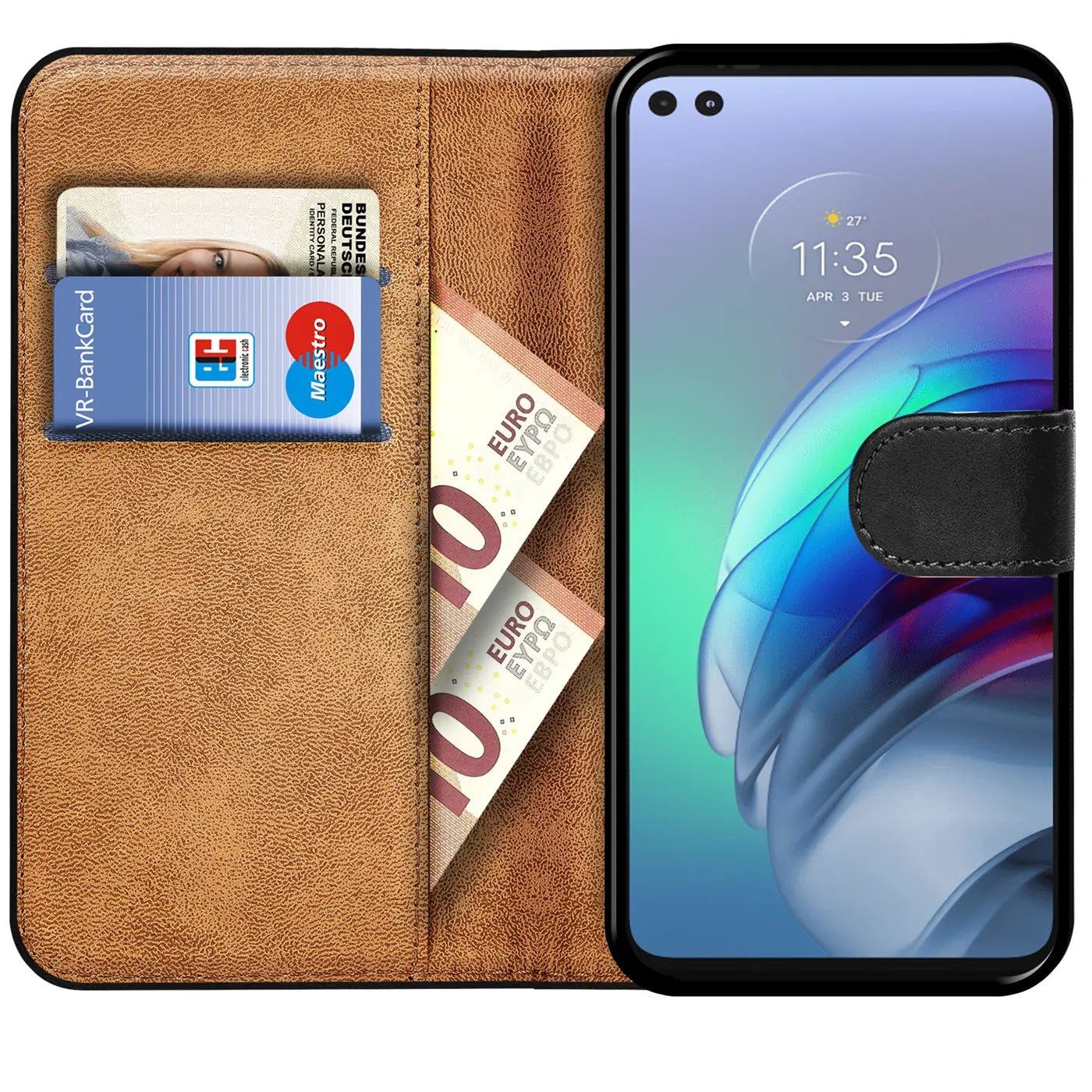 Braune Leder-Klapphülle mit Kartenfächern, zeigt Motorola Moto G100, Vorderansicht.