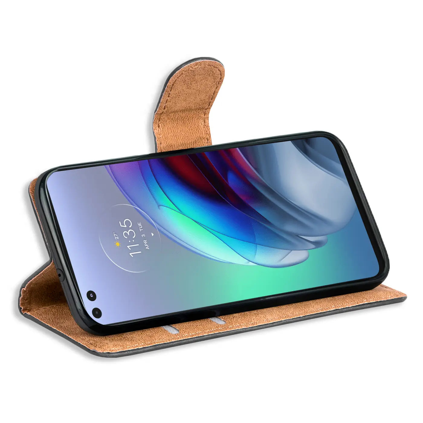 Braune Kunstleder-Klapphülle mit Kartenfächern, Motorola Moto G100, Seitenansicht