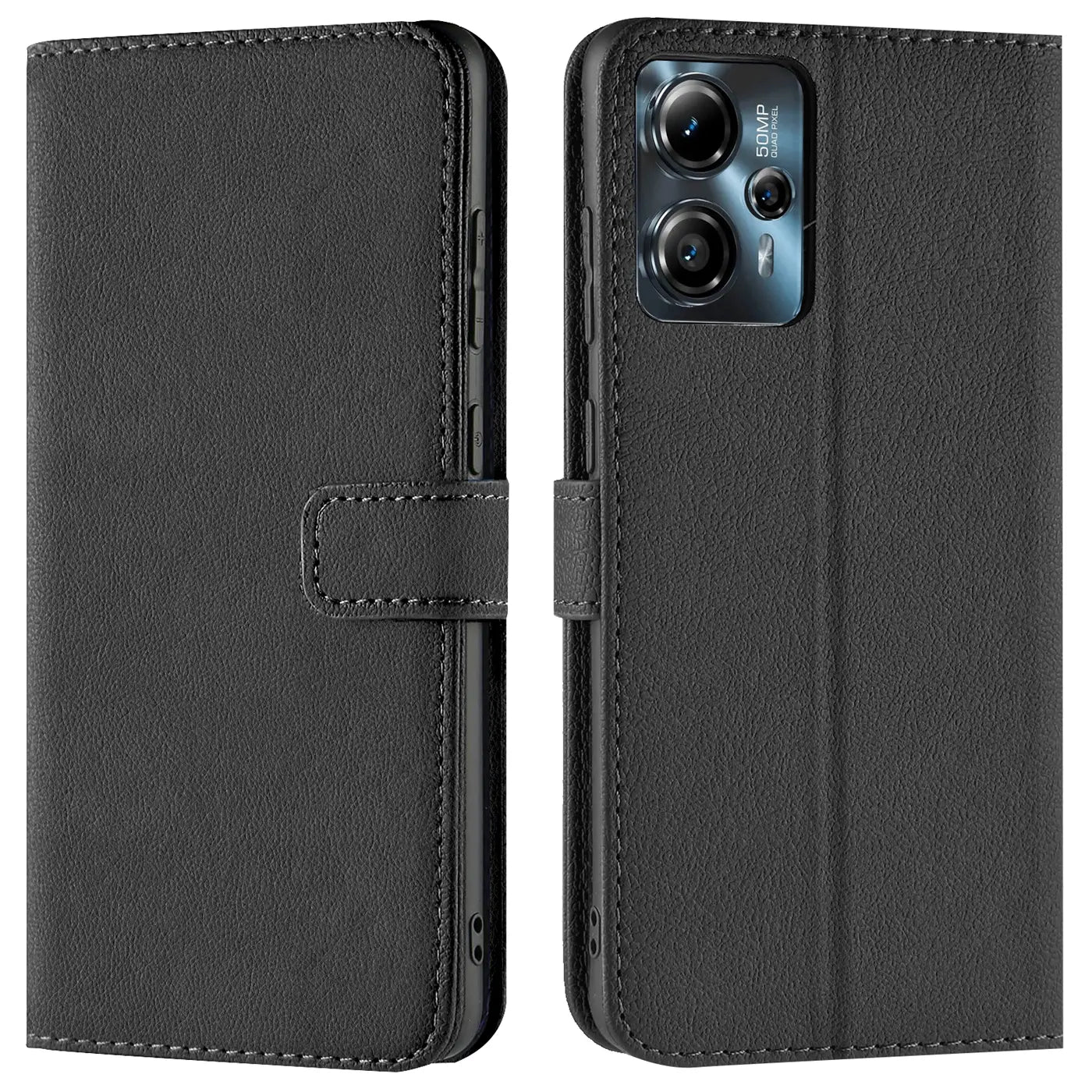 Schwarze Leder-Klapphülle mit Kartenfächern, Vorder- und Rückseite eines Motorola Moto G13/G23.