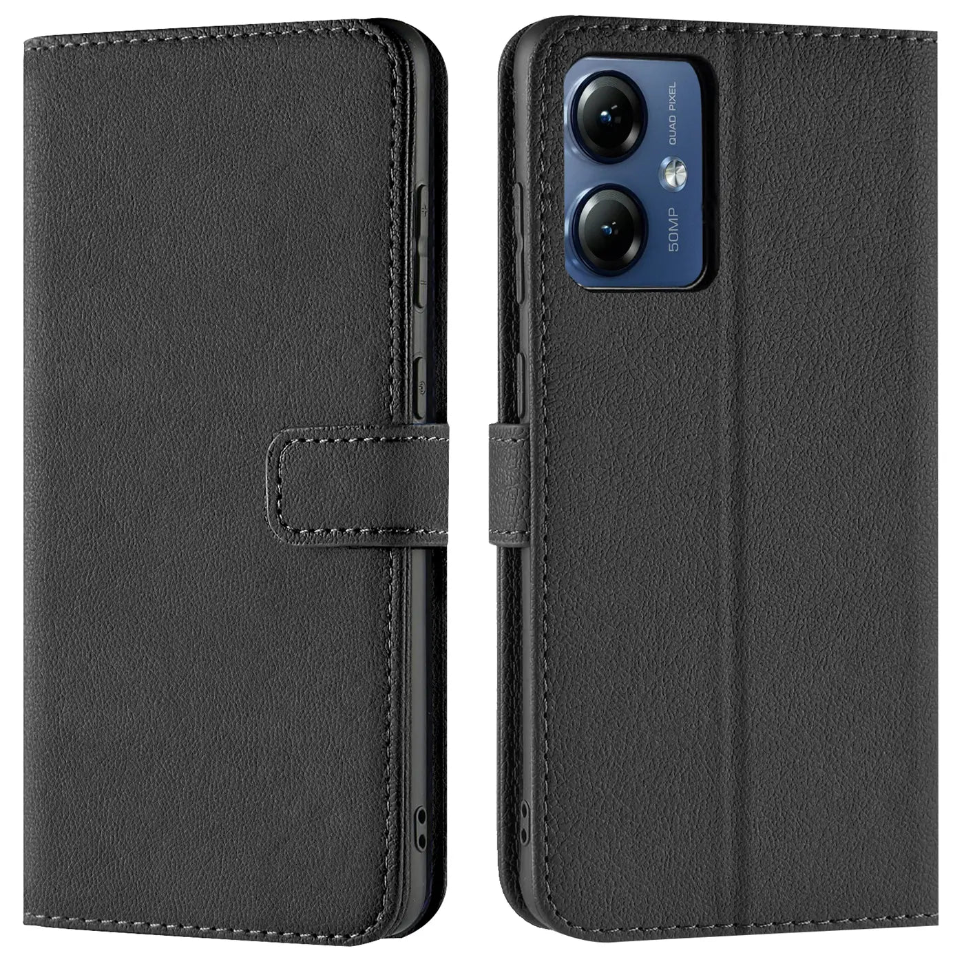 Schwarze Leder-Klapphülle mit Kartenfächern für Motorola Moto G14, Vorder- und Rückansicht.