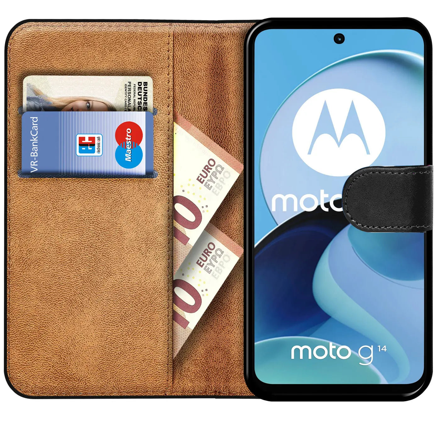 Braune Leder-Klapphülle mit Kartenfächern und Motorola Moto G14.