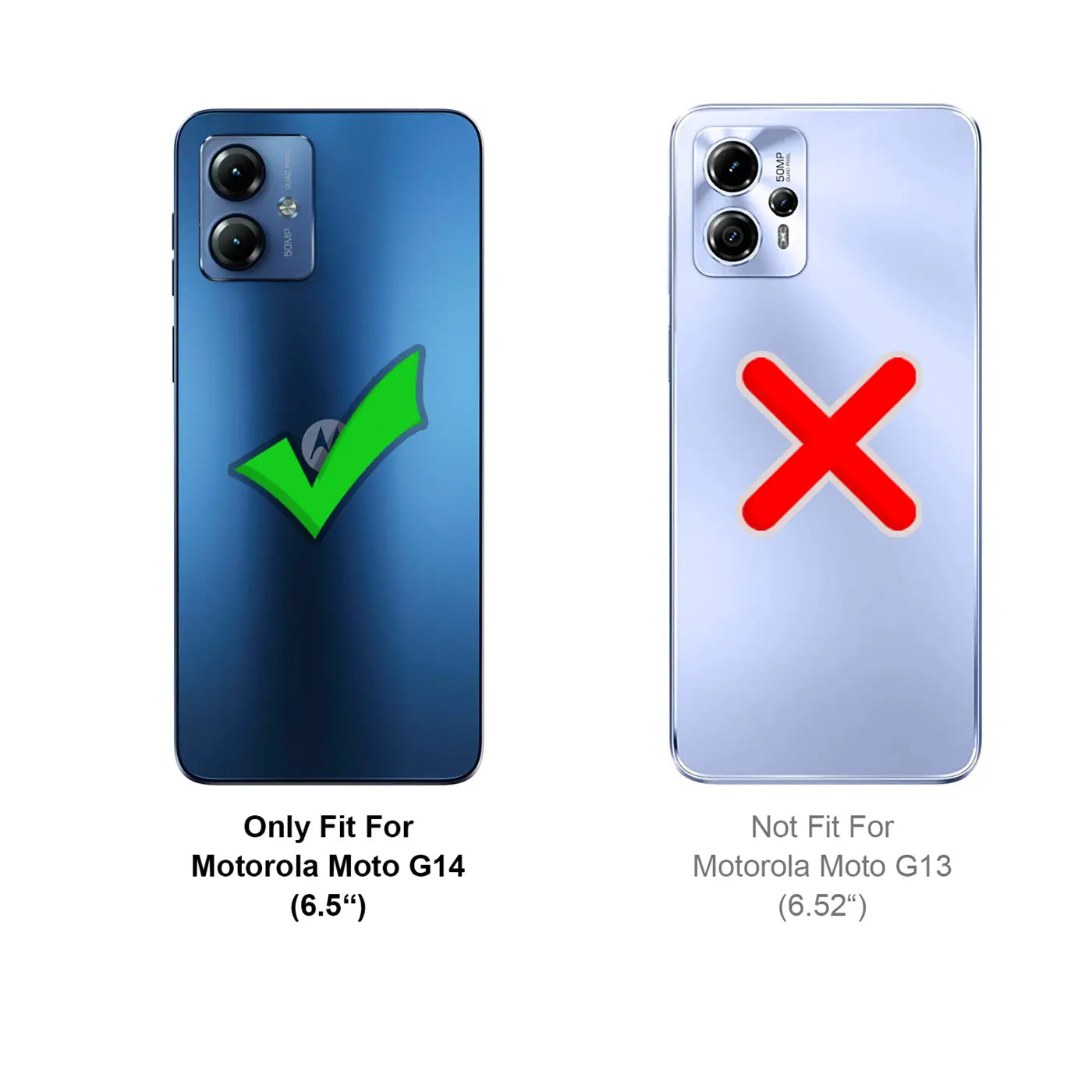 Zwei Handy-Rückseiten, blau und hellblau, mit Kameras. Grüne Haken und rotes Kreuz.