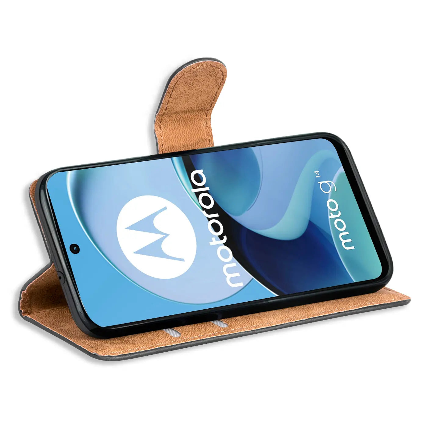 Braune Kunstleder-Klapphülle mit offenem Motorola Moto G14, Seitenansicht.