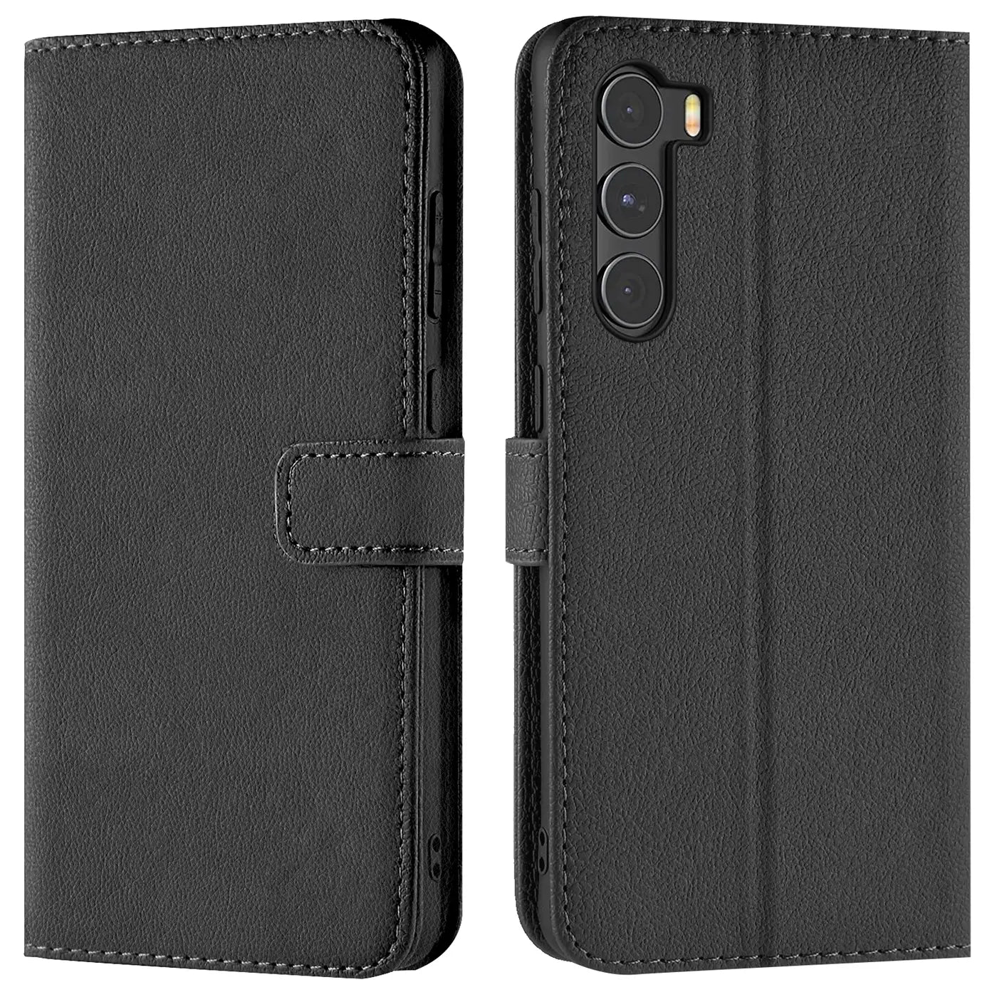 Schwarze Leder-Klapphülle mit Kartenfächern, Vorder- und Rückansicht, für Motorola Moto G200 5G.
