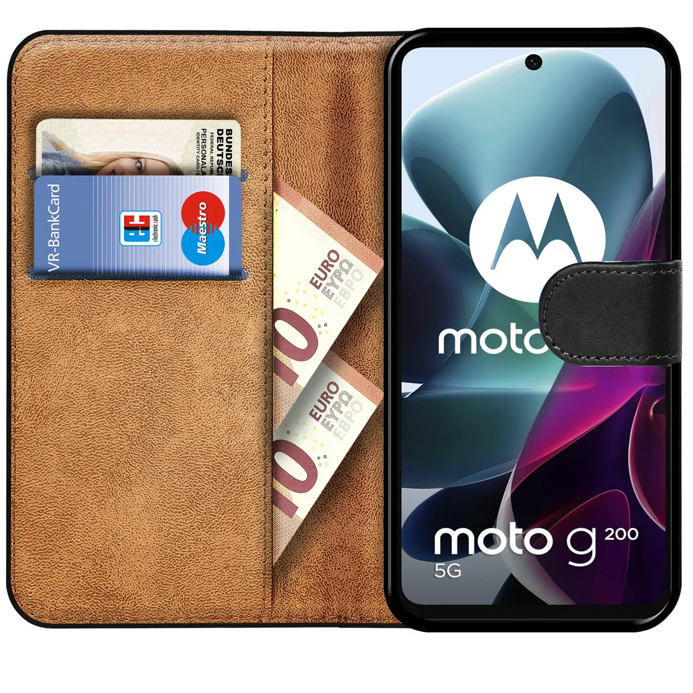 Braune Leder-Klapphülle mit Kartenfächern, zeigt Motorola Moto G200 5G.