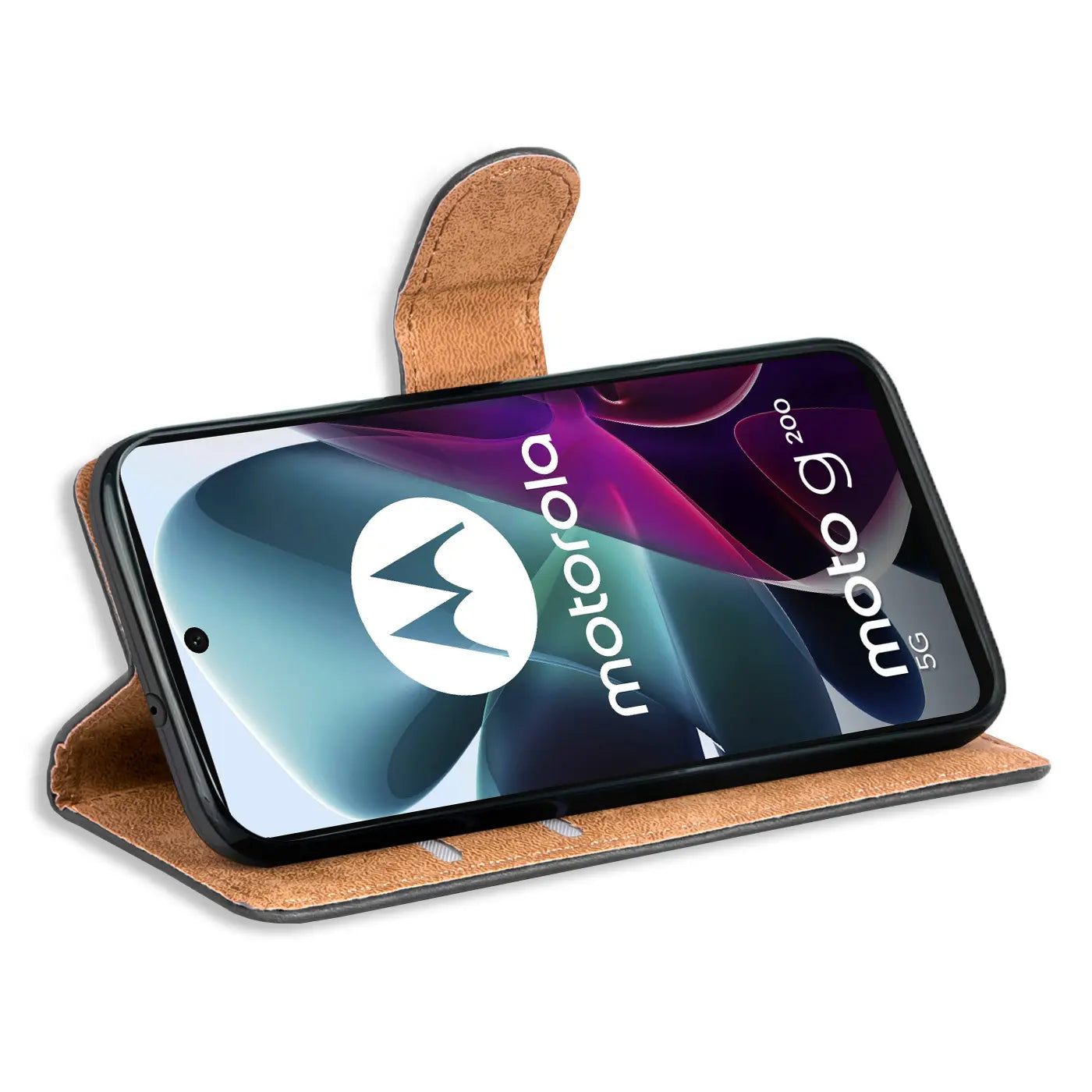 Braune Kunstleder-Klapphülle mit Kartenfächern, Motorola Moto G200 5G, Nahaufnahme