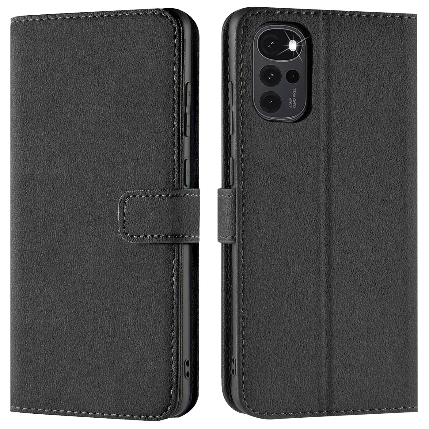 Schwarze Leder-Klapphülle mit Kartenfächern, Vorder- und Rückansicht, Motorola Moto G22.