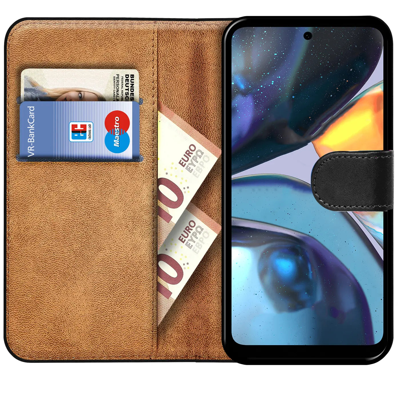 Braun Kunstleder Klapphülle mit Kartenfächern, zeigt Motorola Moto G22.