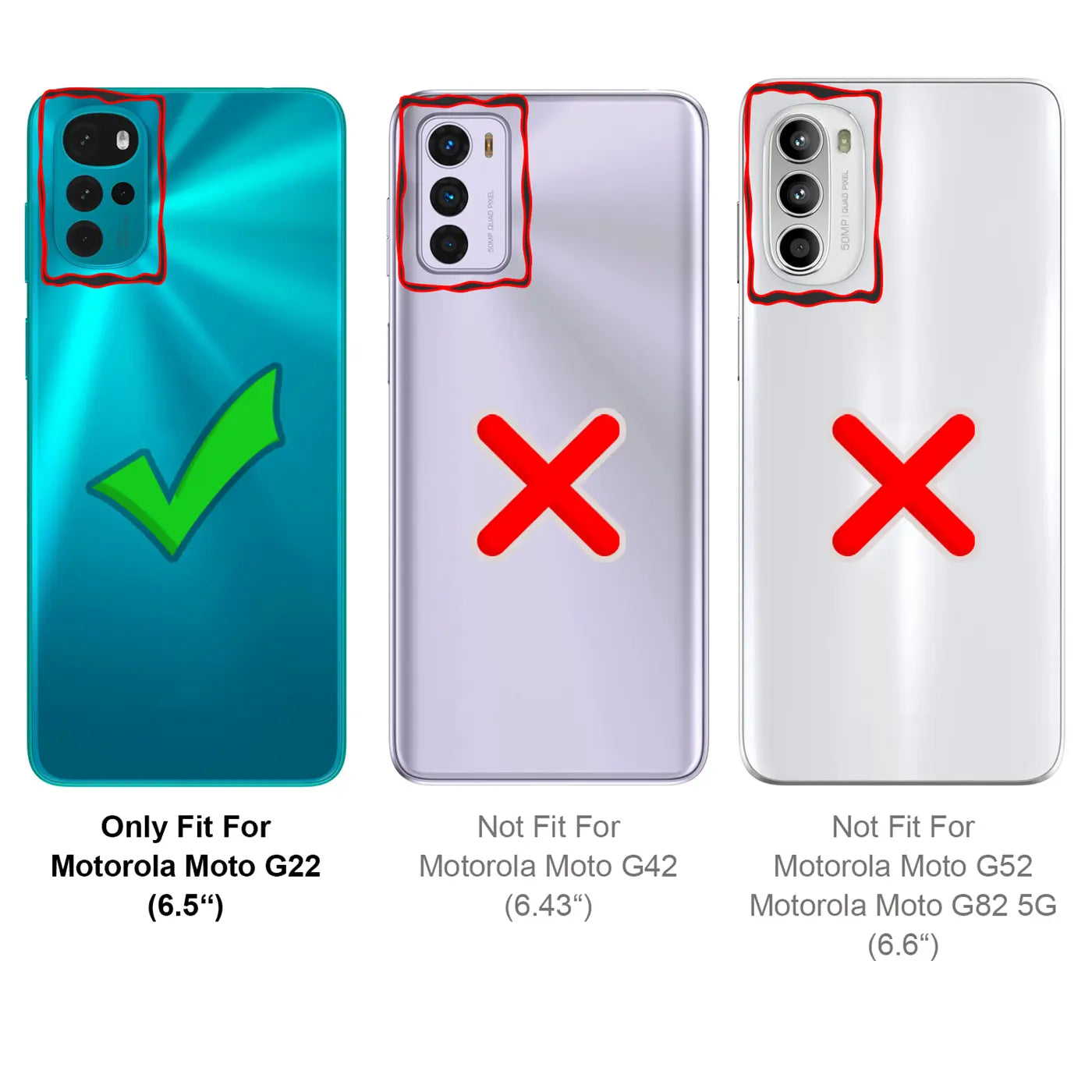 Drei Handy-Rückseiten: links Motorola Moto G22 (grün, passt), Mitte/rechts nicht passend.