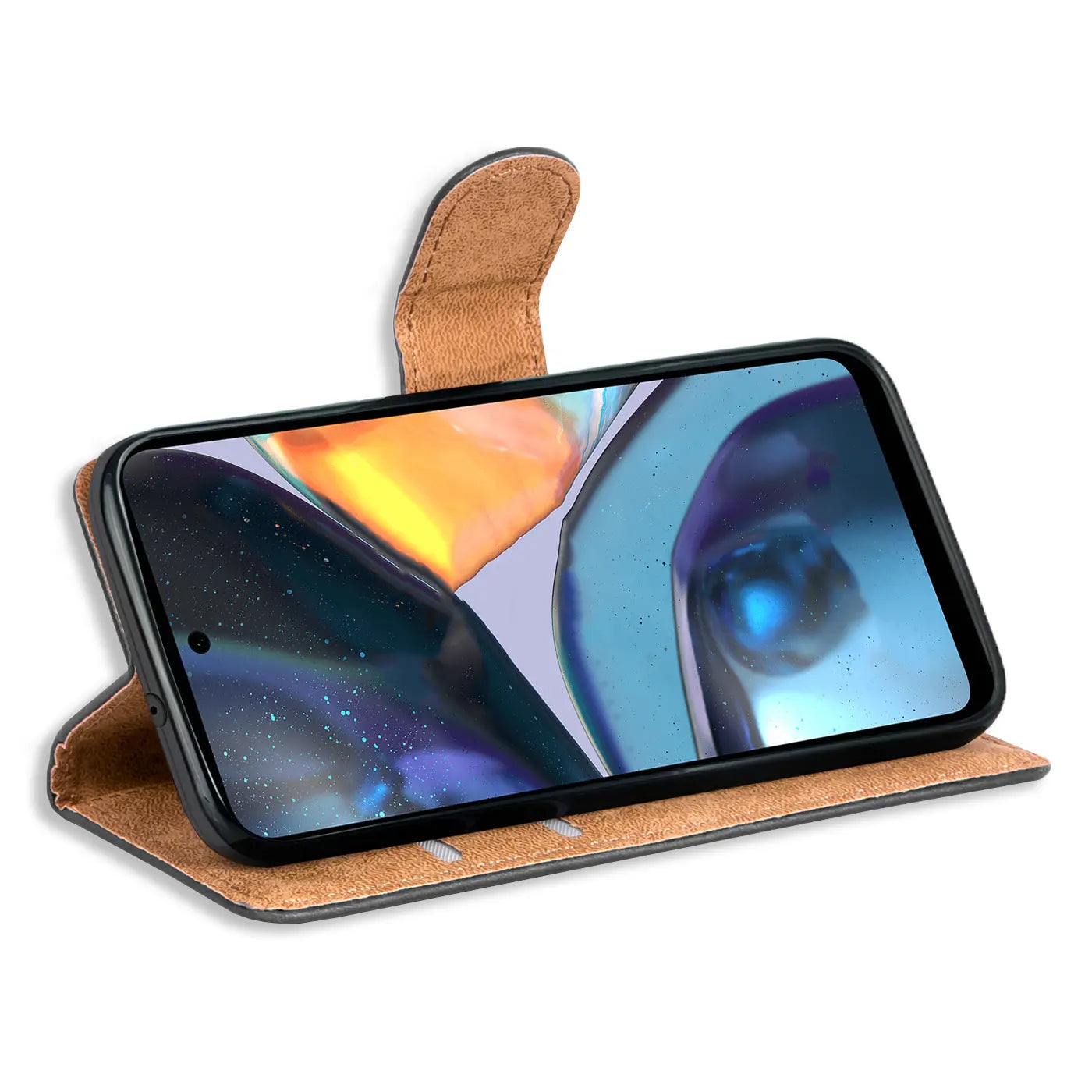 Braune Leder-Klapphülle mit Kartenfächern, seitliche Ansicht, Motorola Moto G22.