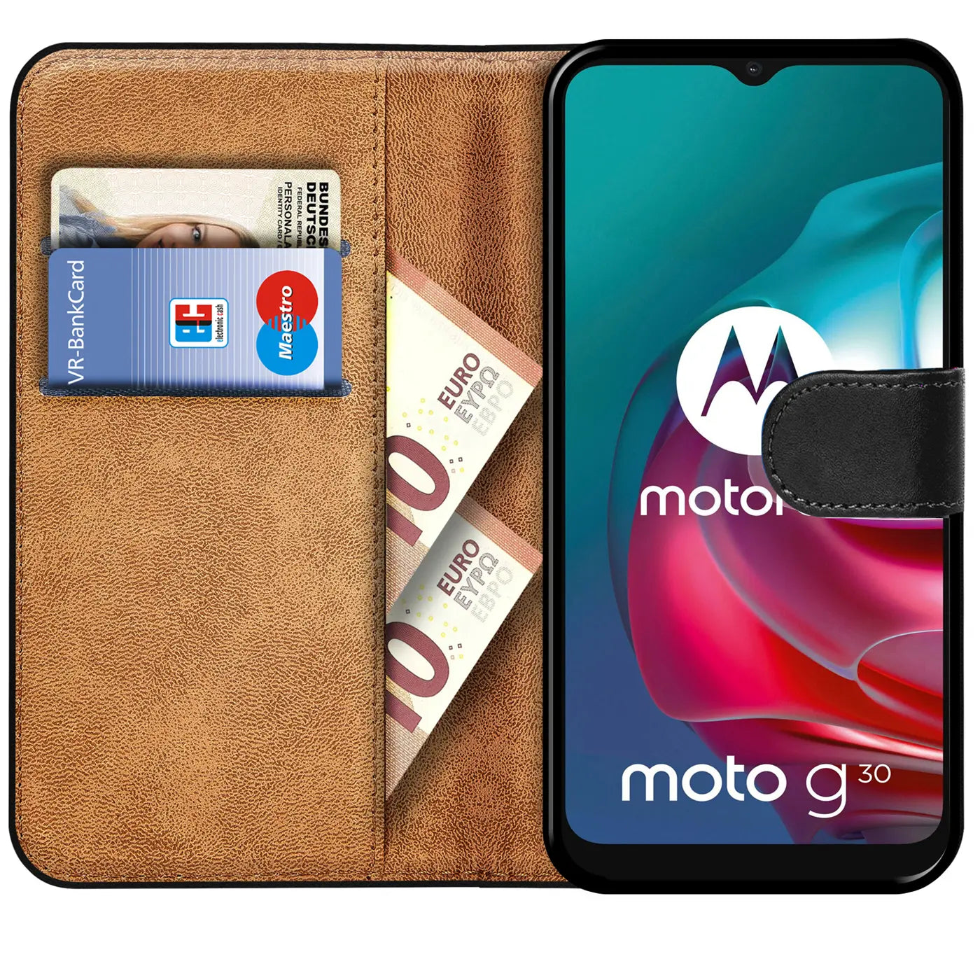 Braune Kunstleder-Klapphülle mit Kartenfächern, zeigt Motorola Moto G30.