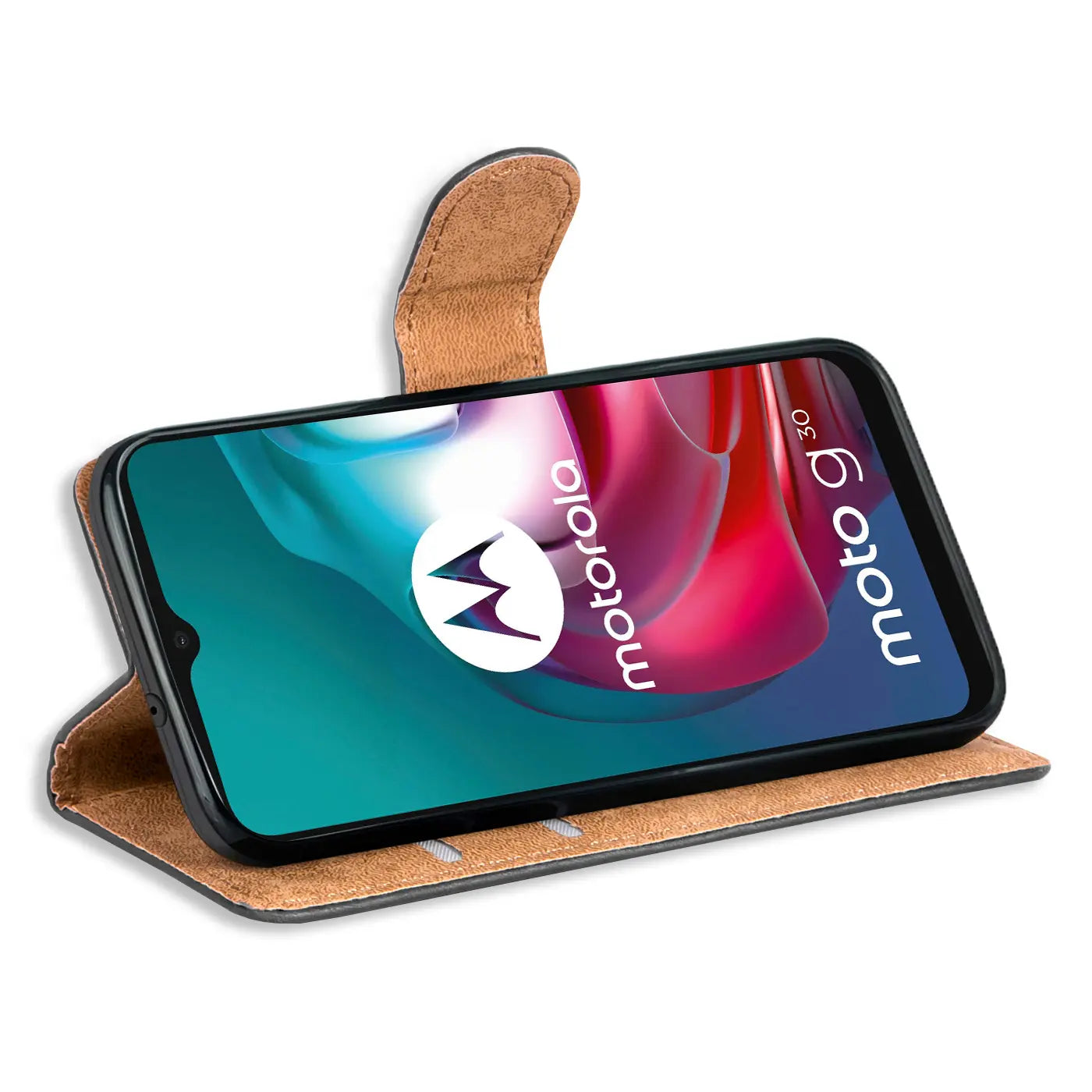 Braune Kunstleder-Klapphülle mit Kartenfächern, zeigt Motorola Moto G30 von vorne.