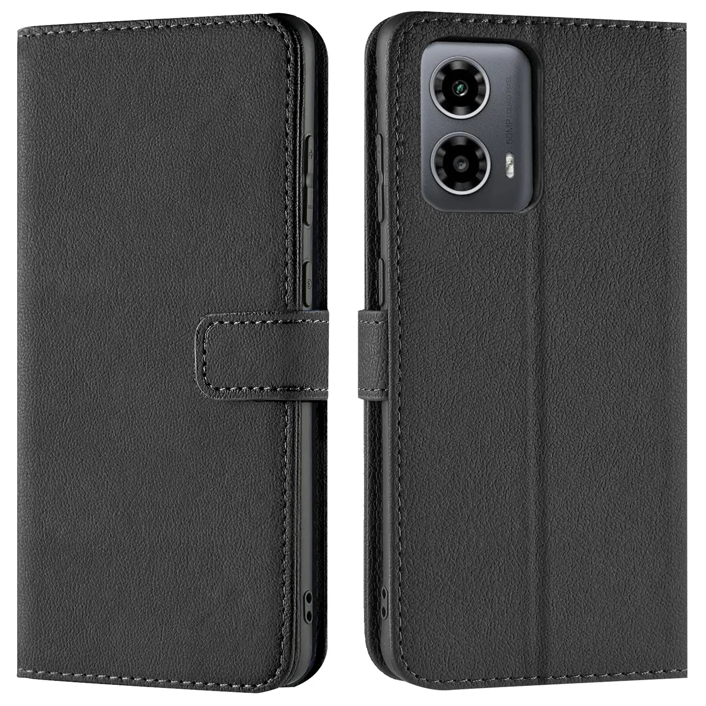 Schwarze Leder-Klapphülle mit Kartenfächern für Motorola Moto G34 5G, Vorder- und Rückansicht.