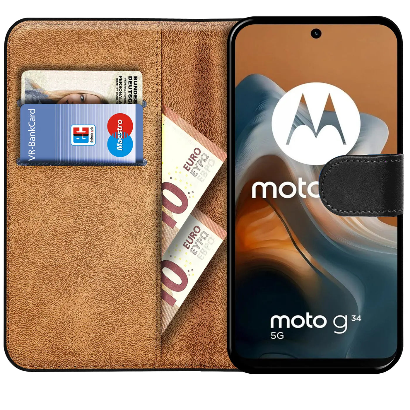 Braune Kunstleder-Klapphülle mit Kartenfächern und Geldscheinen, zeigt Motorola Moto G34 5G.