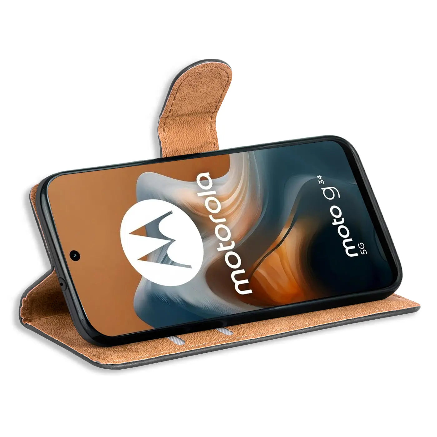 Braune Leder-Klapphülle mit Kartenfächern, zeigt Motorola Moto G34 5G von vorne.