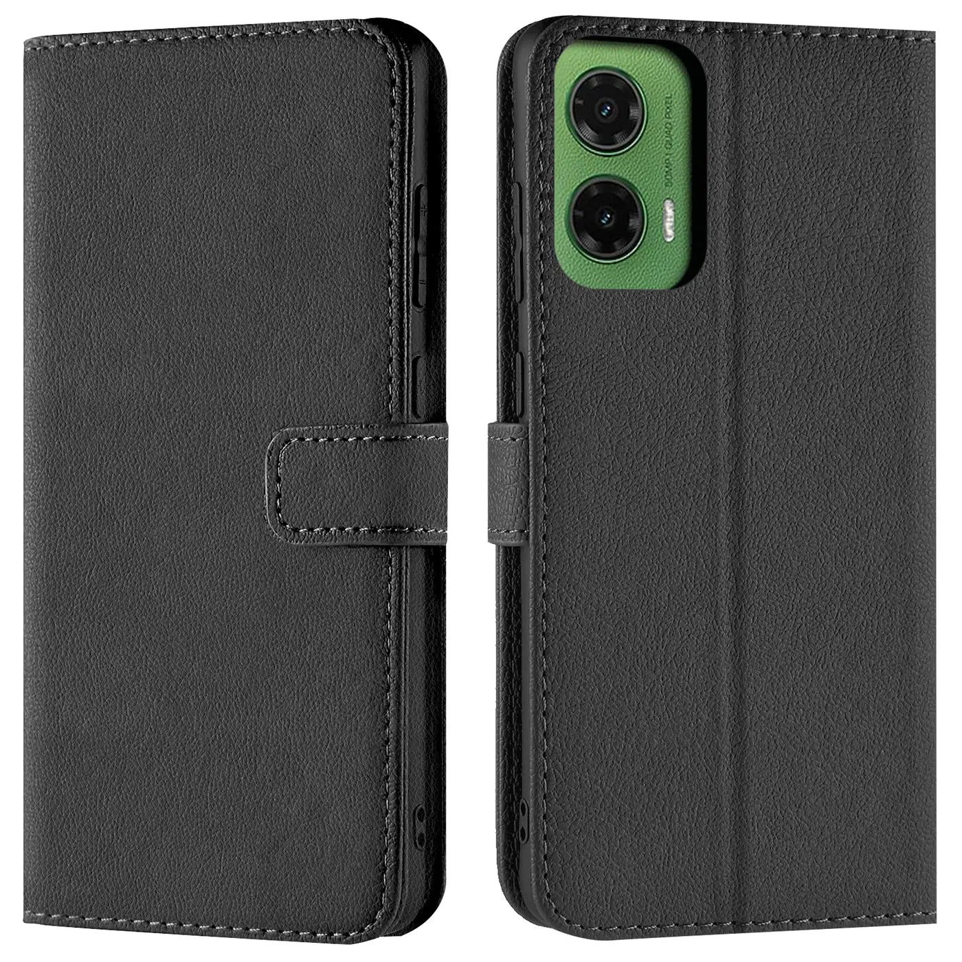 Schwarze Leder-Klapphülle mit Kartenfächern, zeigt Motorola Moto G35 5G von vorne und hinten.