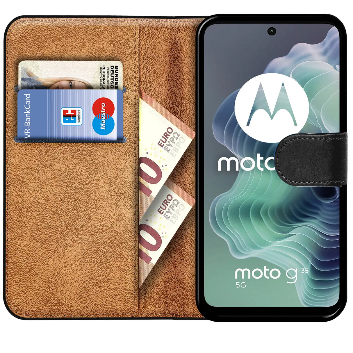 Motorola Moto G35 5G Klapphülle in Schwarz mit Kartenfächern und Schutz