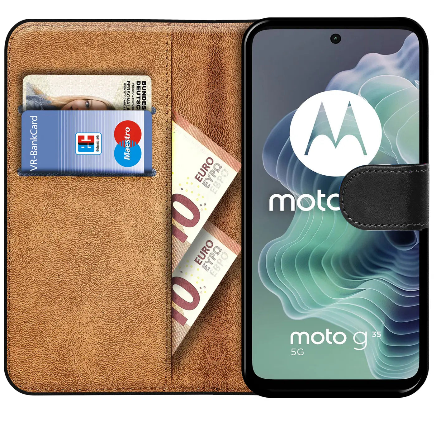 Braune Kunstleder-Klapphülle mit Kartenfächern und Motorola Moto G35 5G, von vorne.