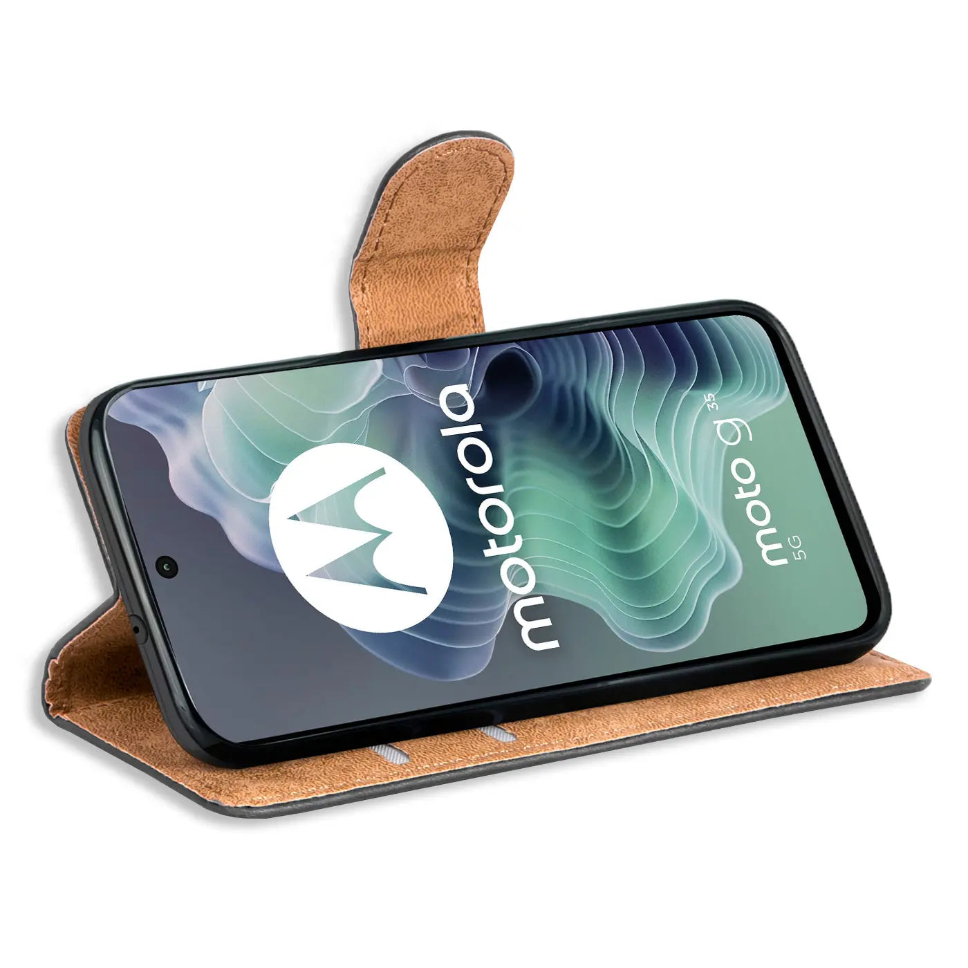 Braune Leder-Klapphülle mit Kartenfächern, zeigt Motorola Moto G35 5G von vorne.