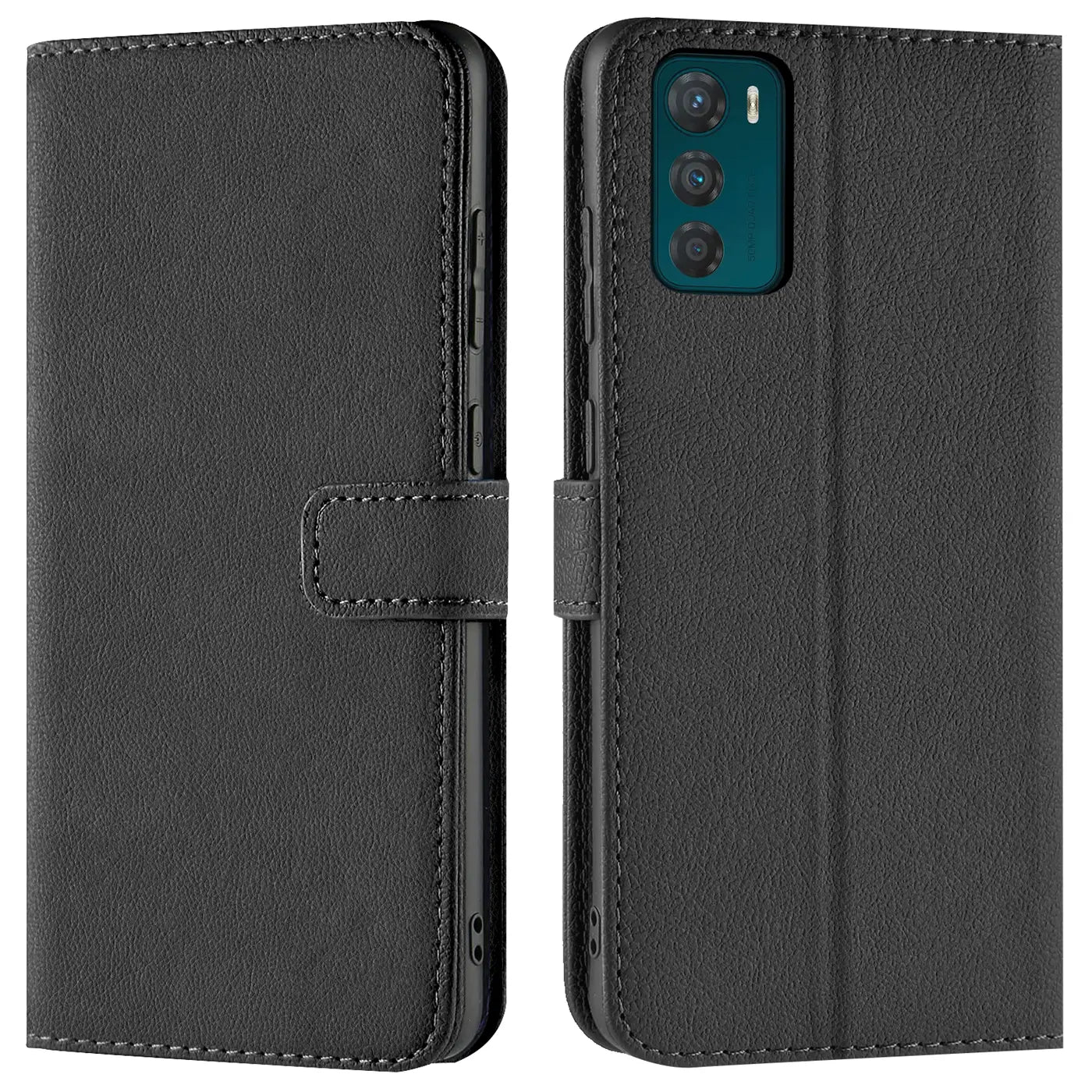 Schwarze Leder-Klapphülle mit Kartenfächern für Motorola Moto G42, Vorder- und Rückansicht.