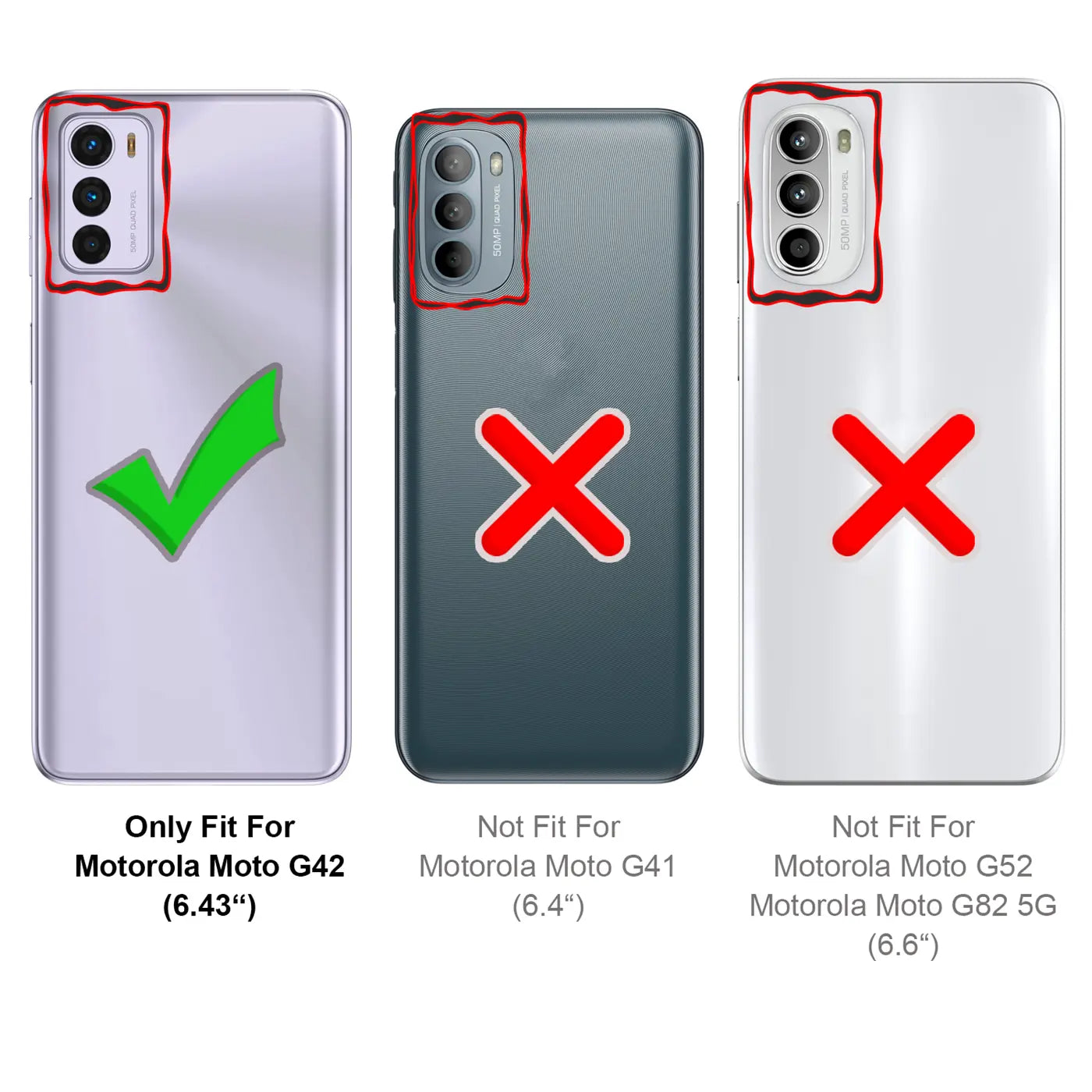 Drei Handy-Rückseiten: Links Motorola Moto G42 (passend), Mitte/Rechts nicht passend.