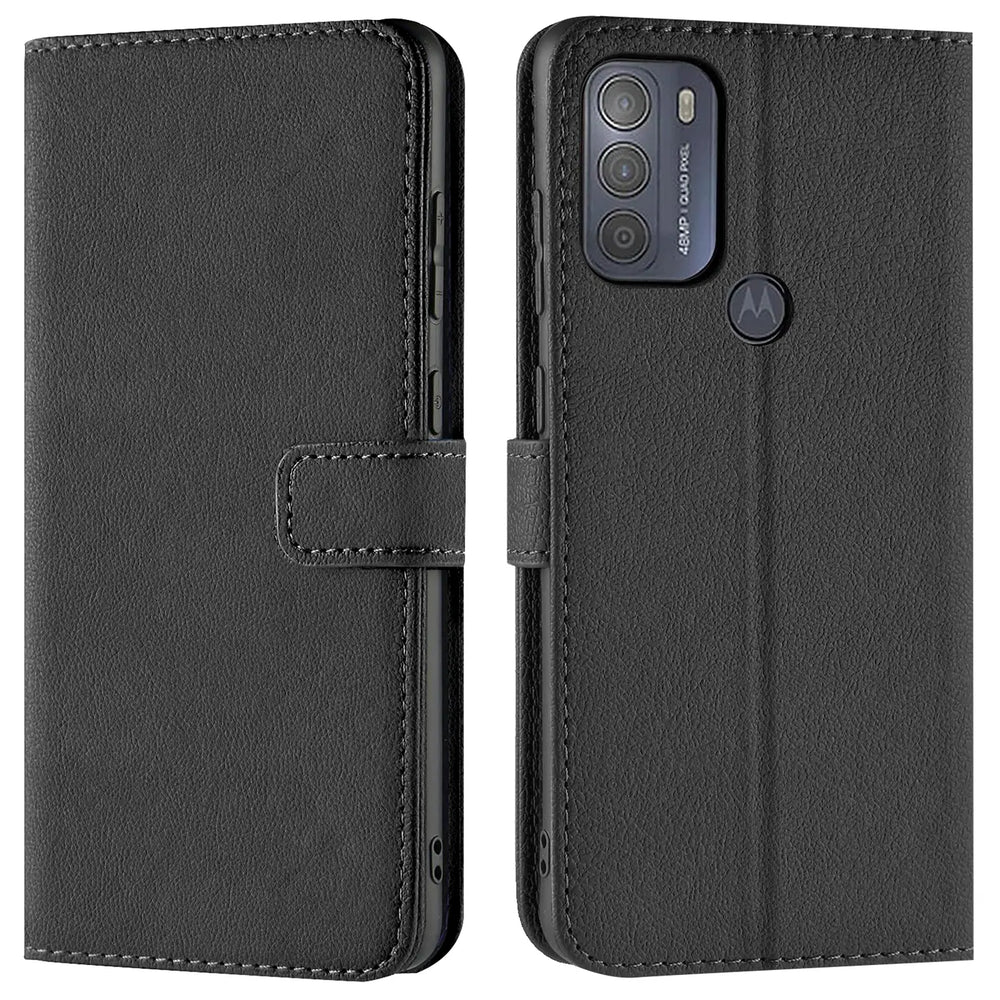 Schwarze Leder-Klapphülle mit Kartenfächern für Motorola Moto G50, Seitenansicht.