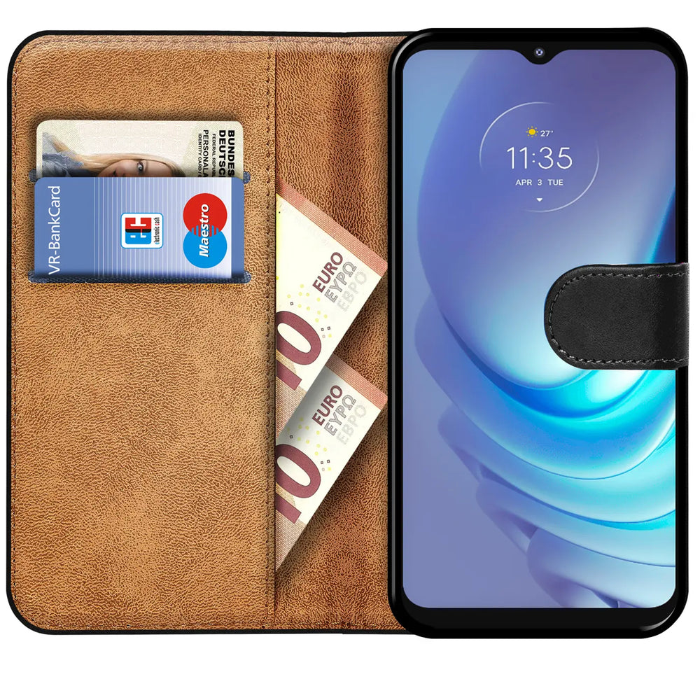 Braune Leder-Klapphülle mit Kartenfächern und Motorola Moto G50.