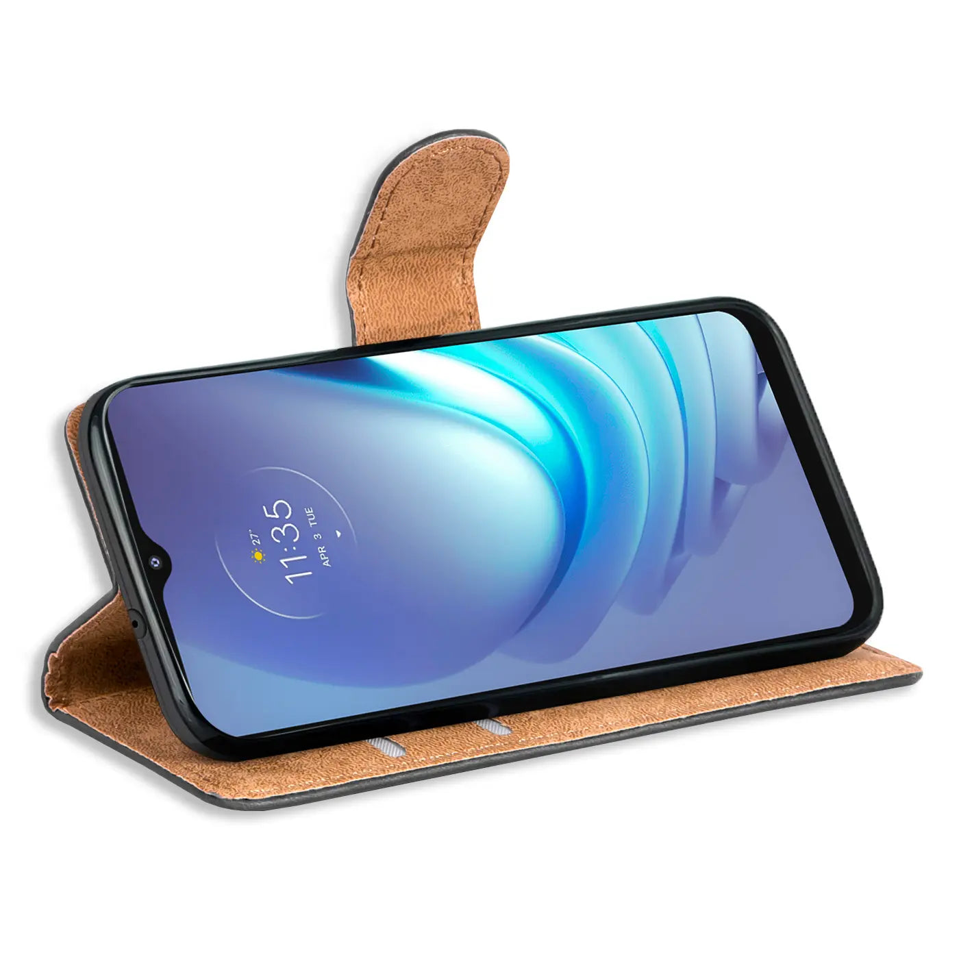 Braune Kunstleder-Klapphülle mit Kartenfächern, seitliche Ansicht, zeigt Motorola Moto G50.