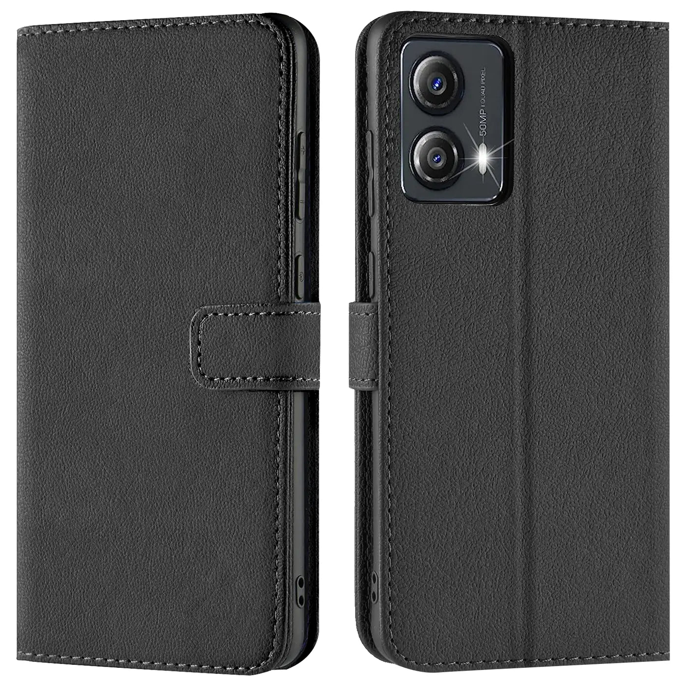 Schwarze Leder-Klapphülle mit Kartenfächern, Vorder- und Rückansicht, Motorola Moto G53 5G.