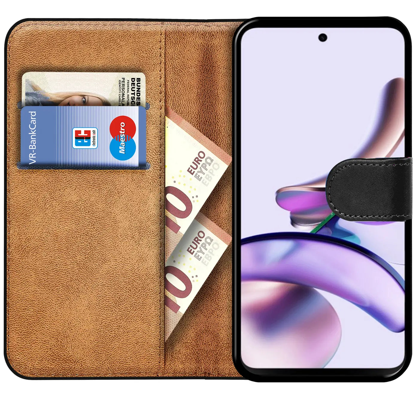 Braune Kunstleder-Klapphülle mit Kartenfächern und Motorola Moto G53 5G, von vorne