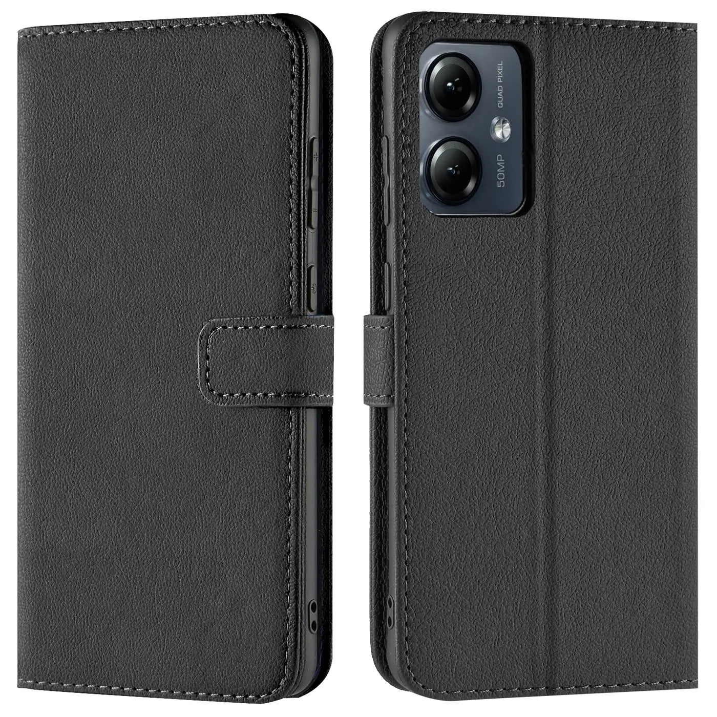 Schwarze Leder-Klapphülle mit Kartenfächern, Vorder- und Rückansicht, Motorola Moto G54 5G.