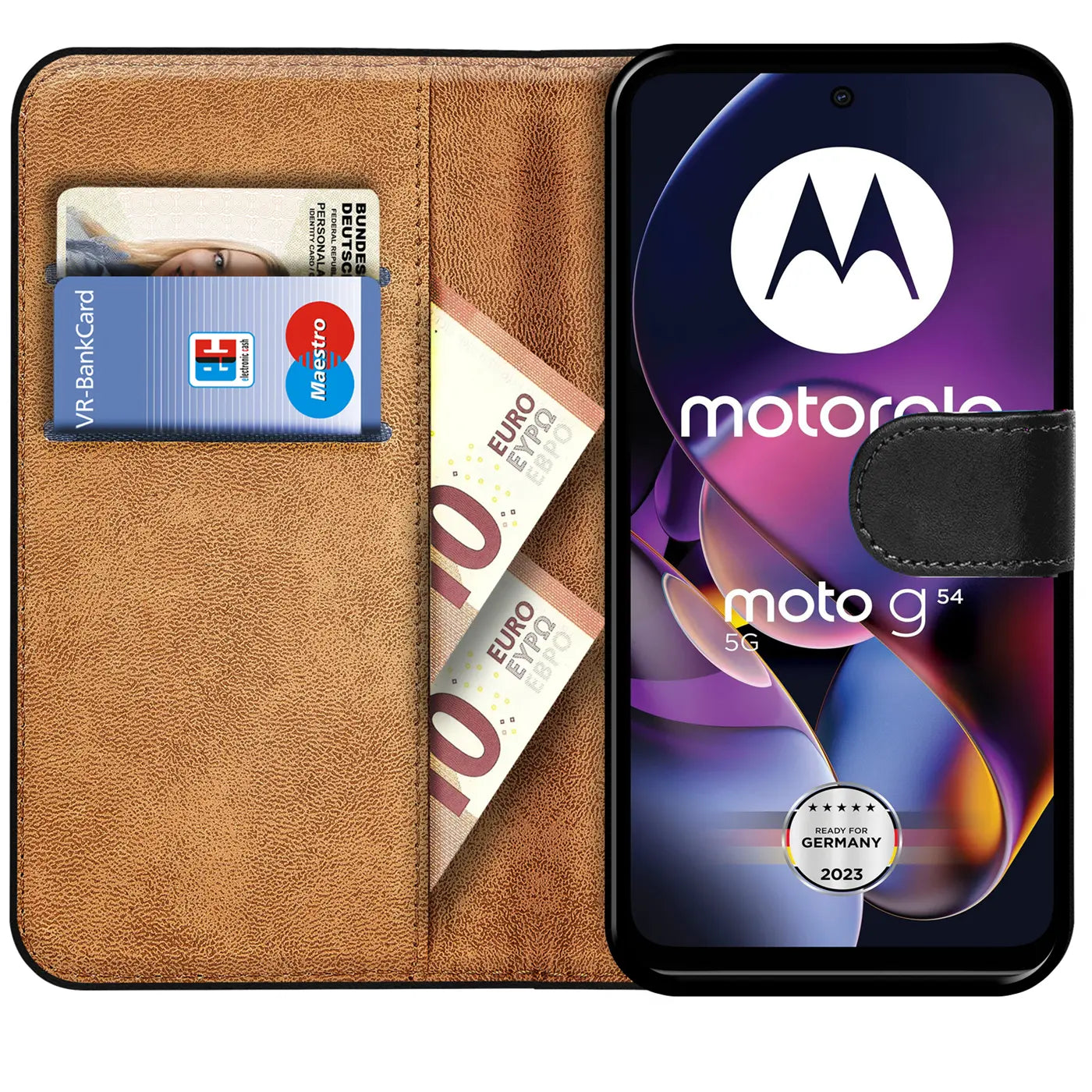 Braune Leder-Klapphülle mit Kartenfächern und Geldscheinen, zeigt Motorola Moto G54 5G.