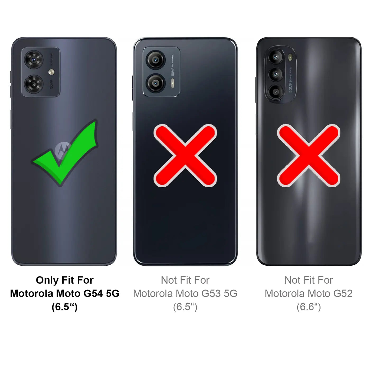Rückseite Motorola Moto G54 5G mit grünem Haken, Moto G53/G52 mit rotem Kreuz.