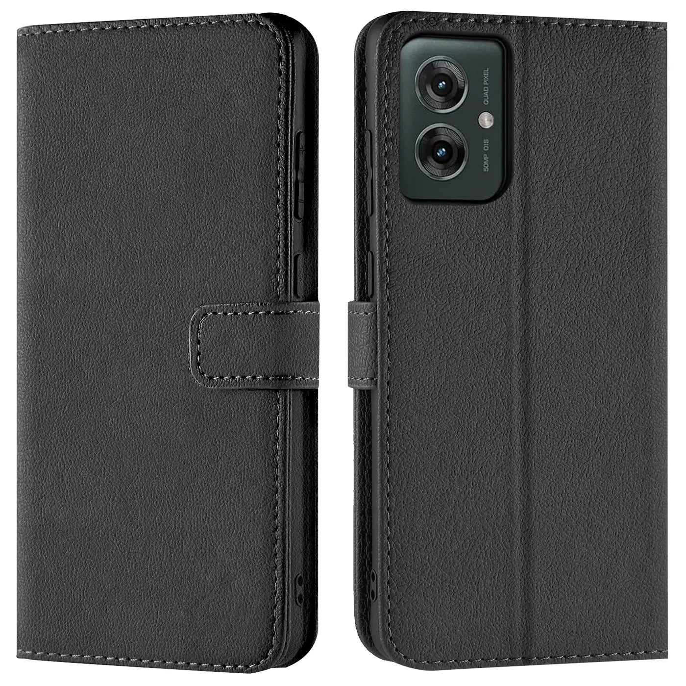 Schwarze Leder-Klapphülle mit Kartenfächern, zeigt Motorola Moto G55 5G Rückseite.