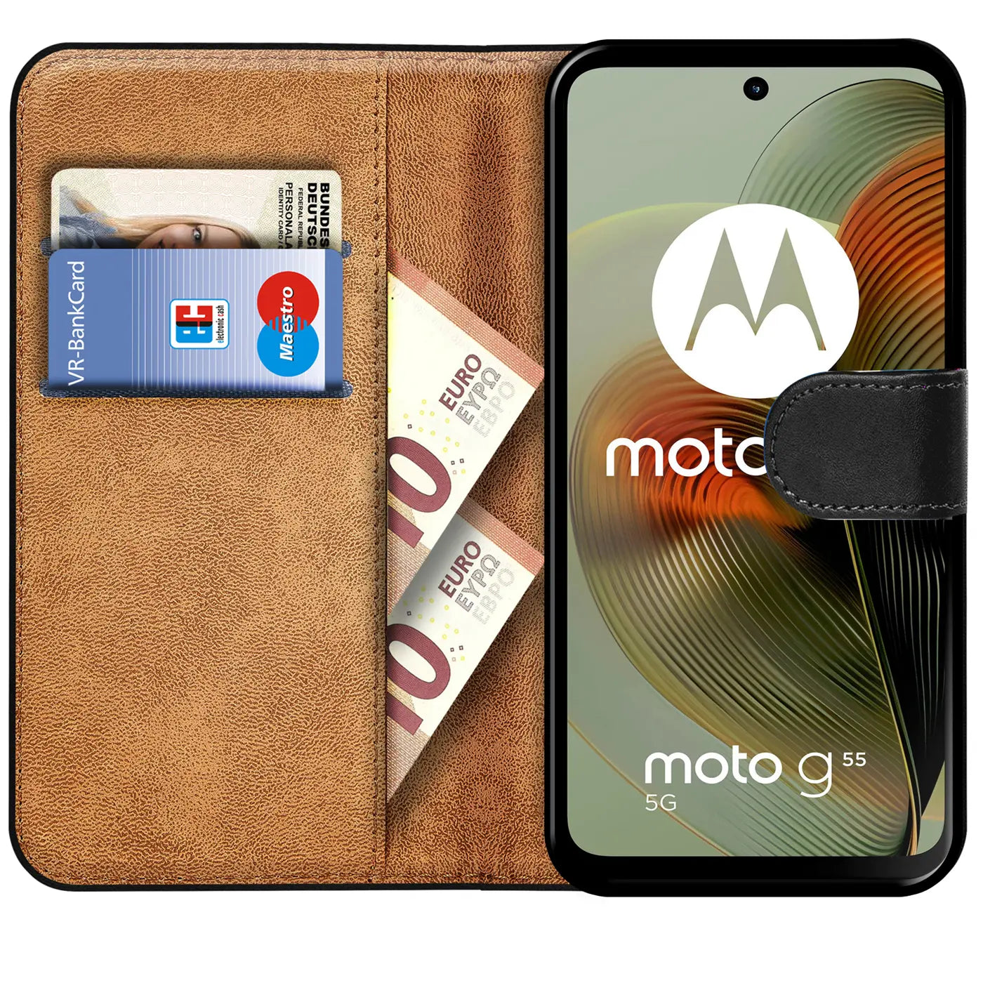 Braune Leder-Klapphülle mit Kartenfächern und Motorola Moto G55 5G.