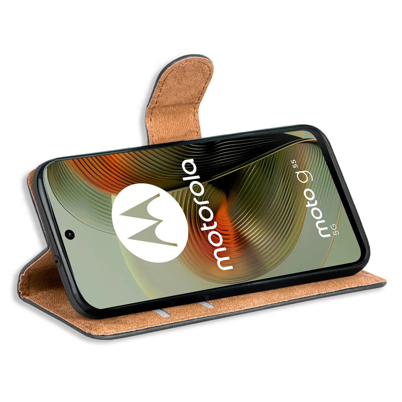 Braune Kunstleder-Klapphülle mit Kartenfächern für Motorola Moto G55 5G, Seitenansicht.