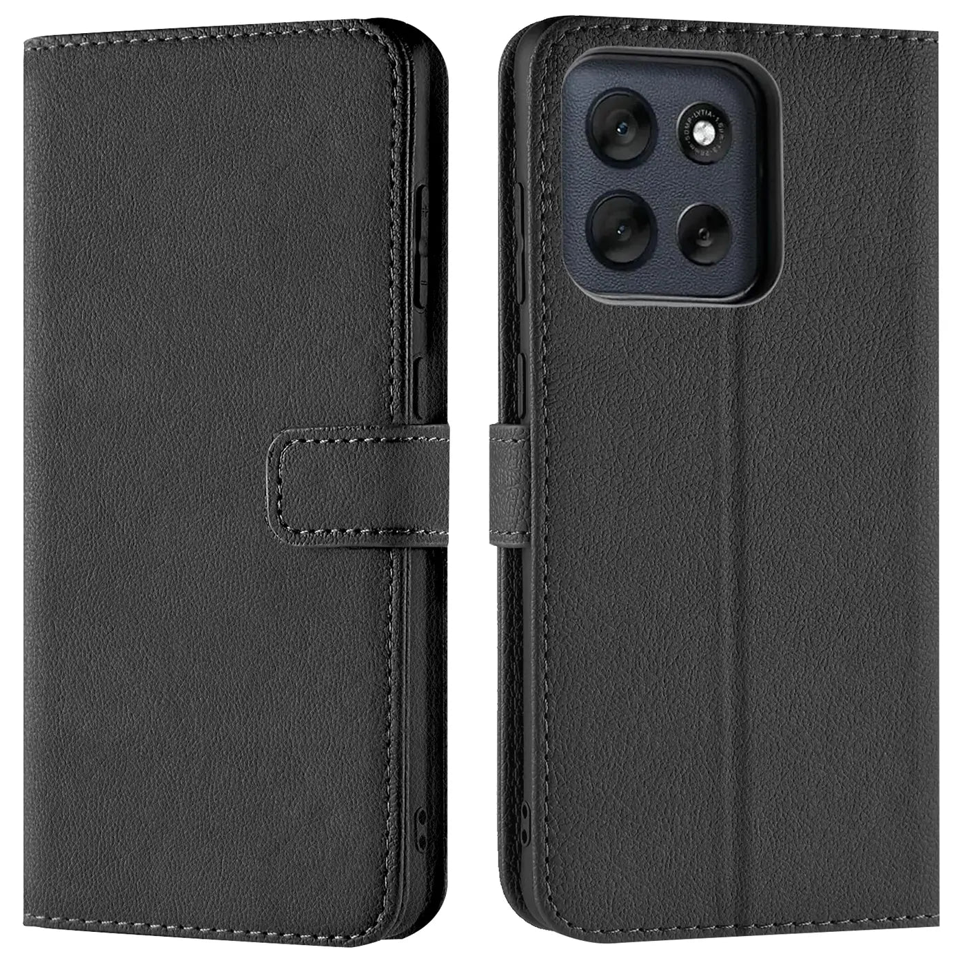 Schwarze Leder-Klapphülle mit Kartenfächern, Vorder- und Rückansicht, Motorola Moto G56 5G.