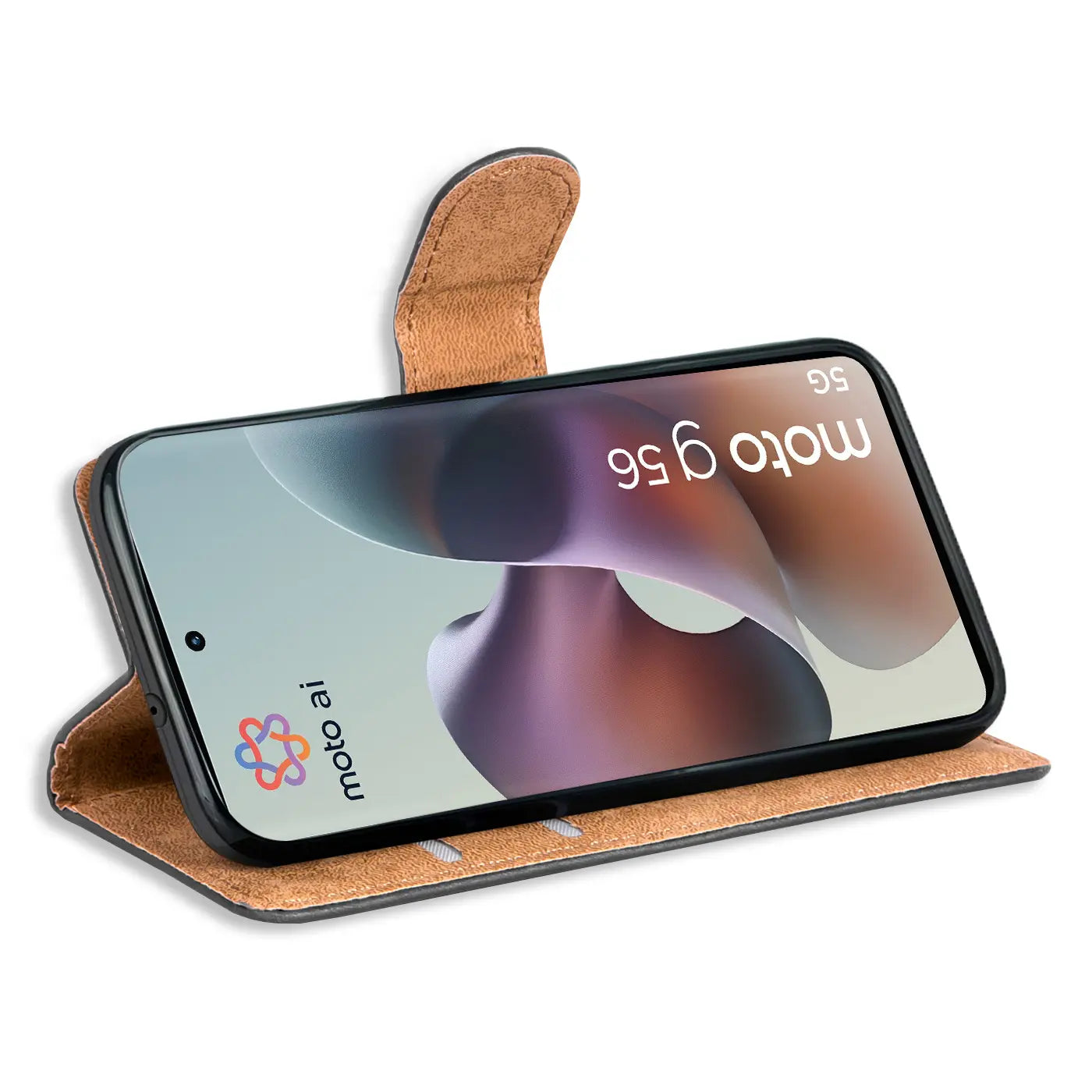 Braune Leder-Klapphülle mit Kartenfächern, zeigt Motorola Moto G56 5G.