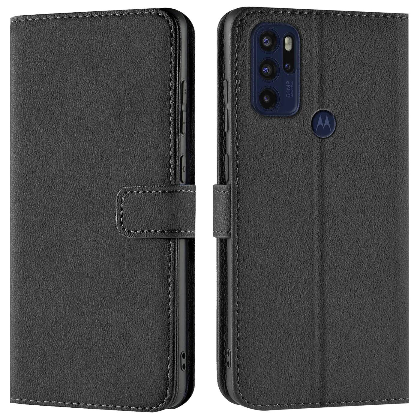 Schwarze Leder-Klapphülle mit Kartenfächern, Vorder- und Rückansicht, Motorola Moto G60s.
