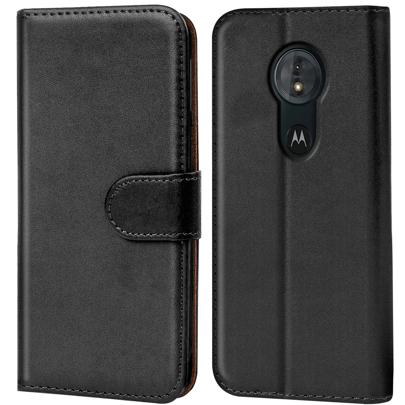 Schwarze Leder-Klapphülle mit Kartenfächern, Vorder- und Rückansicht, Motorola Moto G6 Play.