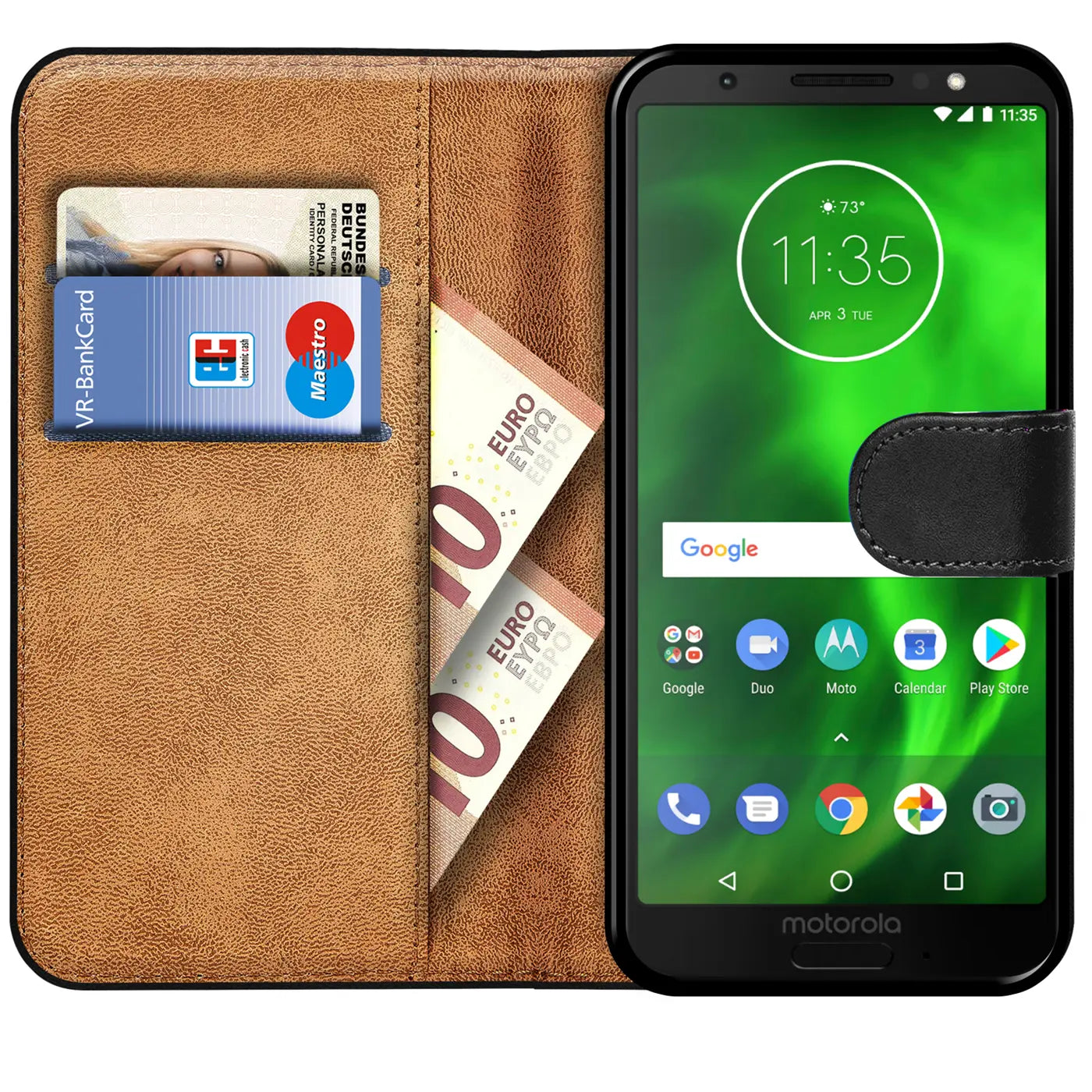 Braune Kunstleder-Klapphülle mit Kartenfächern und Motorola Moto G6 Play, von vorne