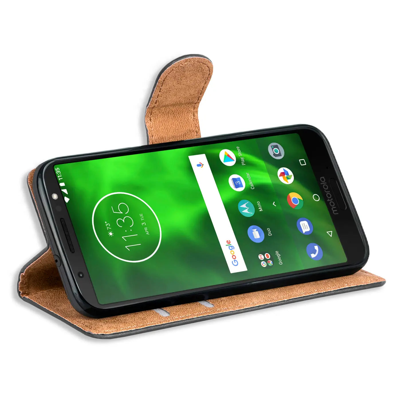 Braune Kunstleder-Klapphülle mit Kartenfächern, Motorola Moto G6 Play, Seitenansicht