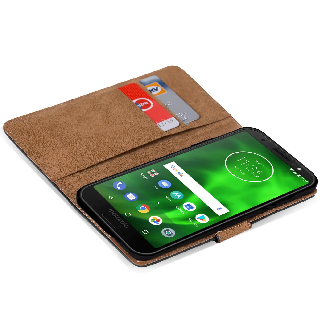 Braune Leder-Klapphülle mit Kartenfächern, zeigt Motorola Moto G6 Play.