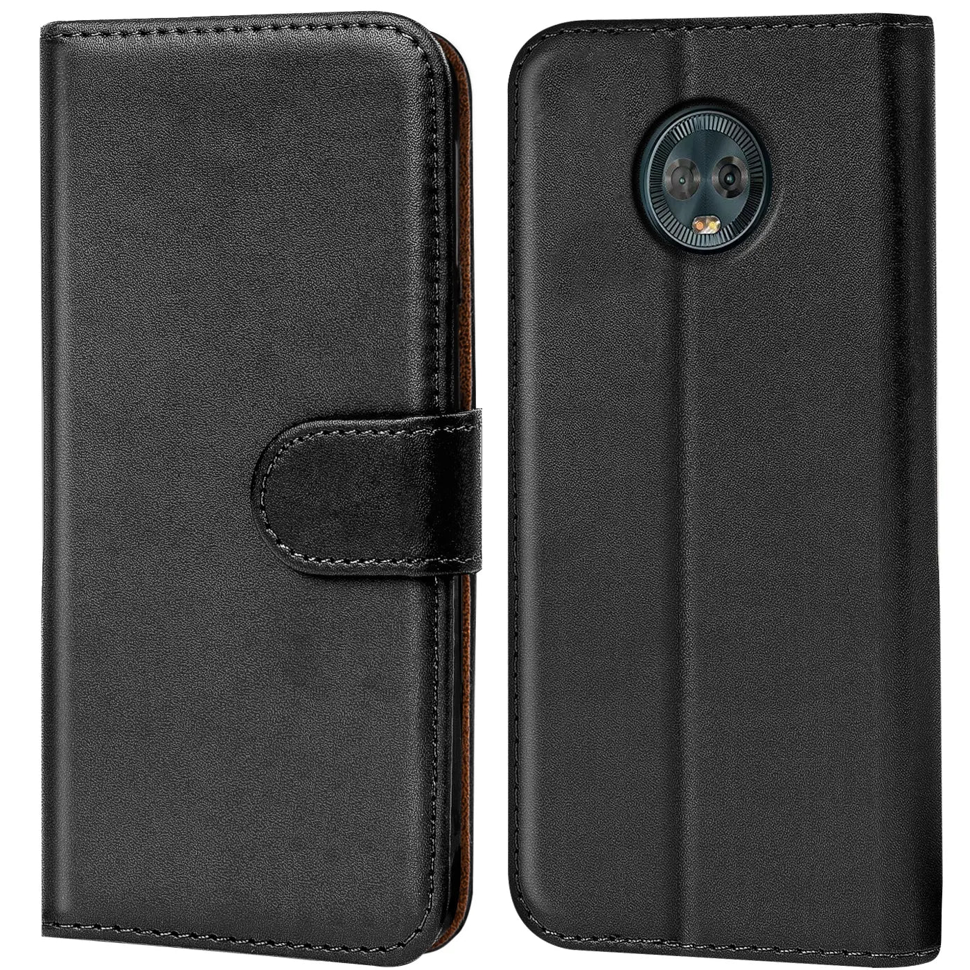 Schwarze Leder-Klapphülle für Motorola Moto G6, Vorder- und Rückansicht.