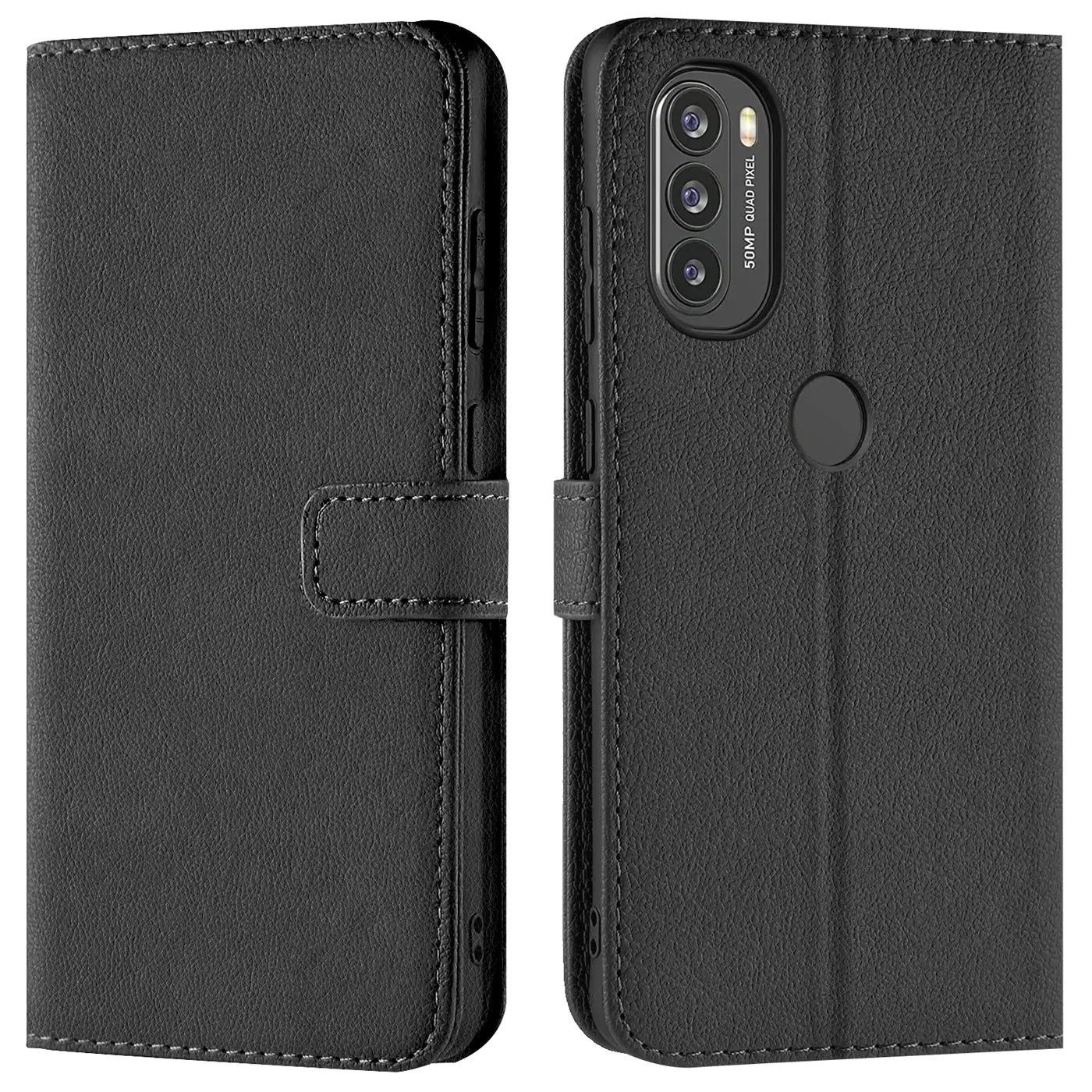 Schwarze Leder-Klapphülle mit Kartenfächern, zeigt Motorola Moto G71 5G von vorne und hinten.