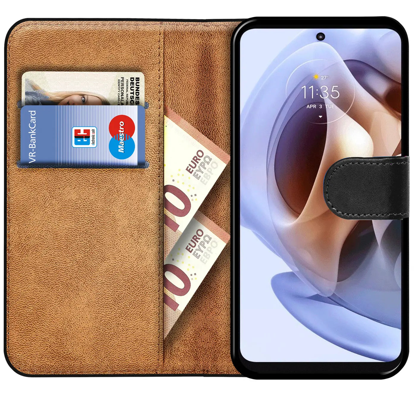 Braun Kunstleder-Klapphülle mit Kartenfächern, Motorola Moto G71 5G, Draufsicht.