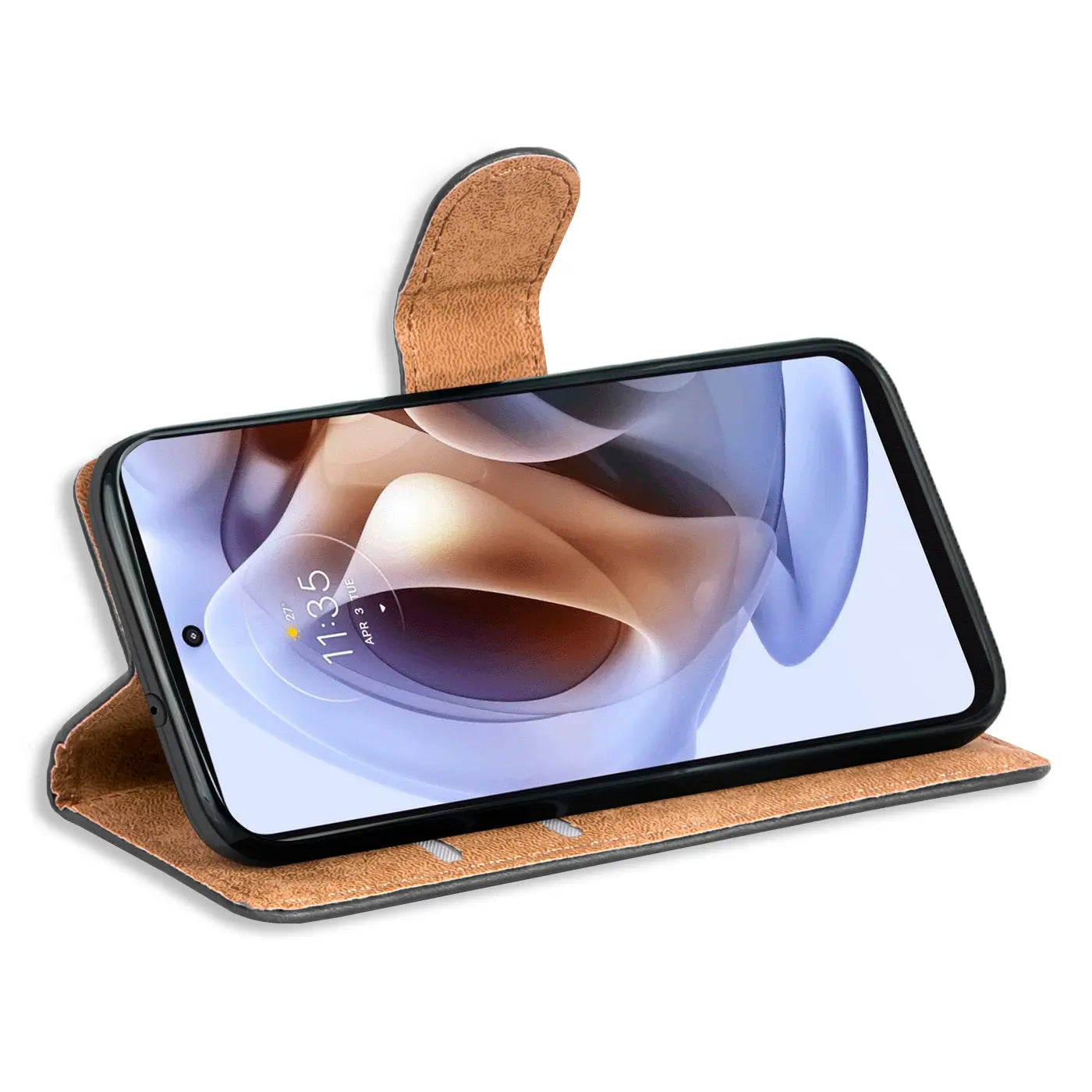 Braune Kunstleder-Klapphülle mit Motorola Moto G71 5G, von vorne schräg